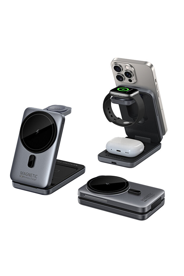 GRAY 3-in-1 Foldable Magnetic Wireless Charger Station for iPhone 17/16/15/14/13/12 Apple Watch AirP