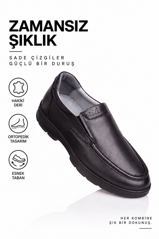 Genuine Leather Men's Shoes Classic Daily Comfort Non-Slip Orthopedic Sole Black 2534