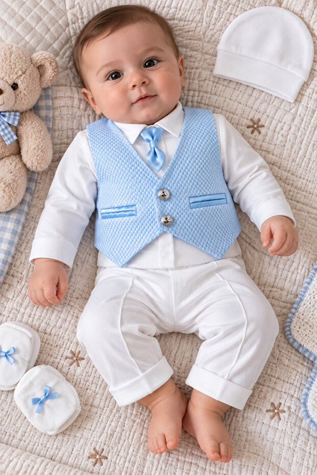 Baby Boy Newborn 6 Piece Mevlüt Set with Vest and Tie