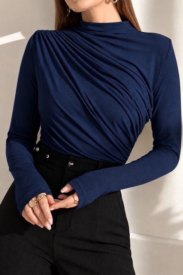 Women's Draped Blouse High Neck Gathered Detailed Long Sleeve Stretchy Stylish Blouse