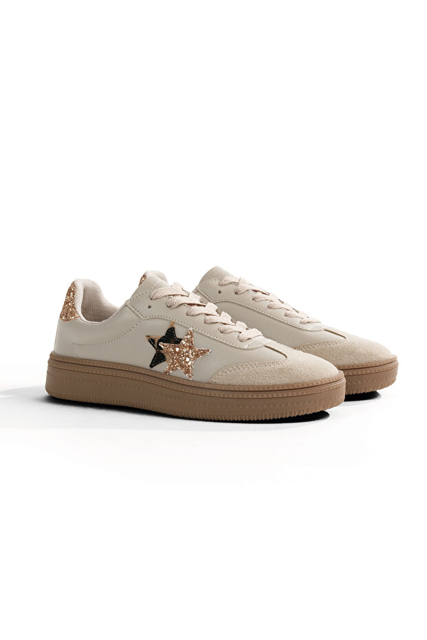 Women's Beige Crepe Comfortable Fit Half Star Patterned Sneaker