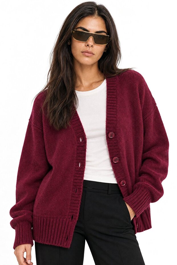 Mixray Buttoned V-Neck Ribbed Knit Cardigan