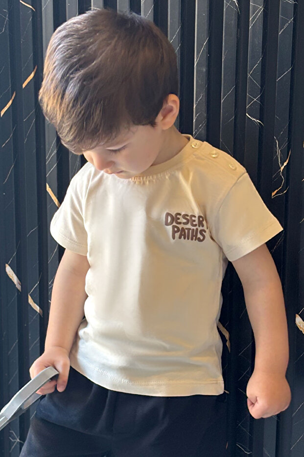 Boy's T-Shirt with Embossed Desert Adventure Theme and Printed Back, Ages 1-4, Cream