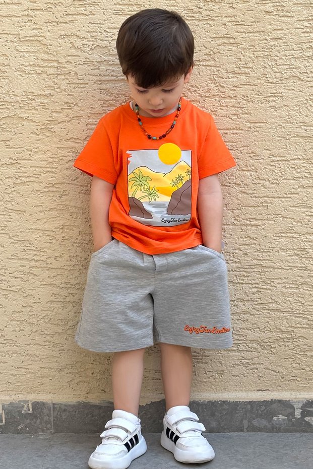 Boy's Shorts Set Summer Themed Palm Tree Printed 3-8 Years Old, Orange