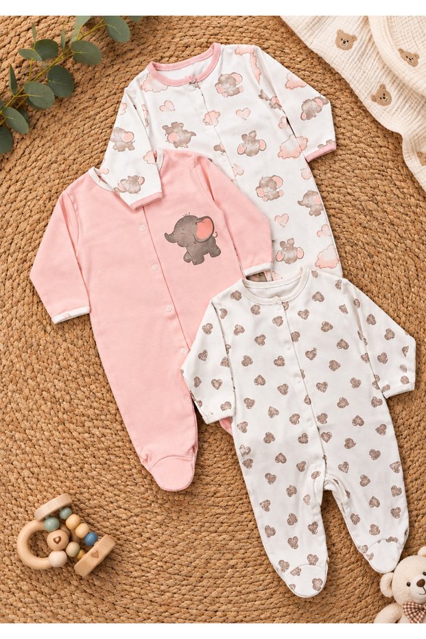 Baby Girl Outfit Brown Elephant Patterned 3-Piece Jumpsuit Set with Colorful Booties Newborn 3-6-9 Months