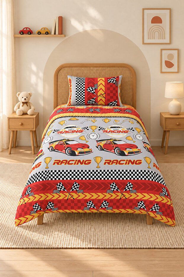 Red Car Ranforce Single Duvet Cover Set 160X220 Yellow Red