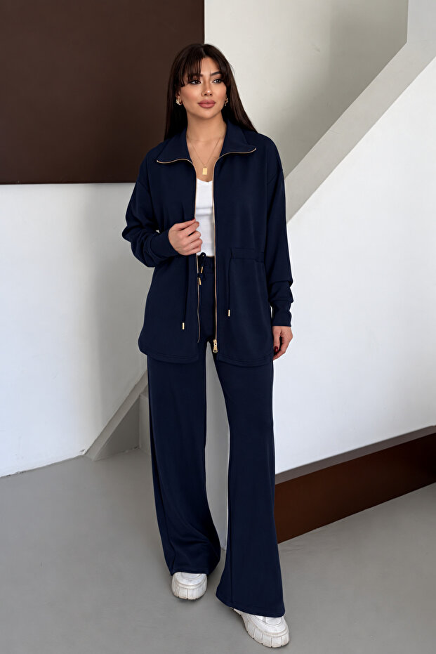Oversize Zippered Lace-Up Waist Modal Women's Suit 3184 Navy Blue - Special Series
