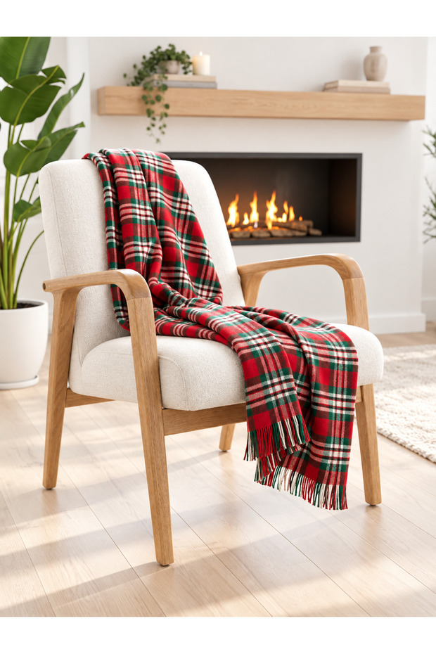 Red Green Plaid Patterned & Soft & Cotton Tassel Sofa Cover & Sofa Shawl & Tv Blanket - 130X170 cm