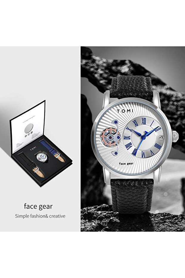 Black Silver TOMI Classic Minimalist Men's Watch Gift Set Luxury Business Men's Versatile Quartz Wat