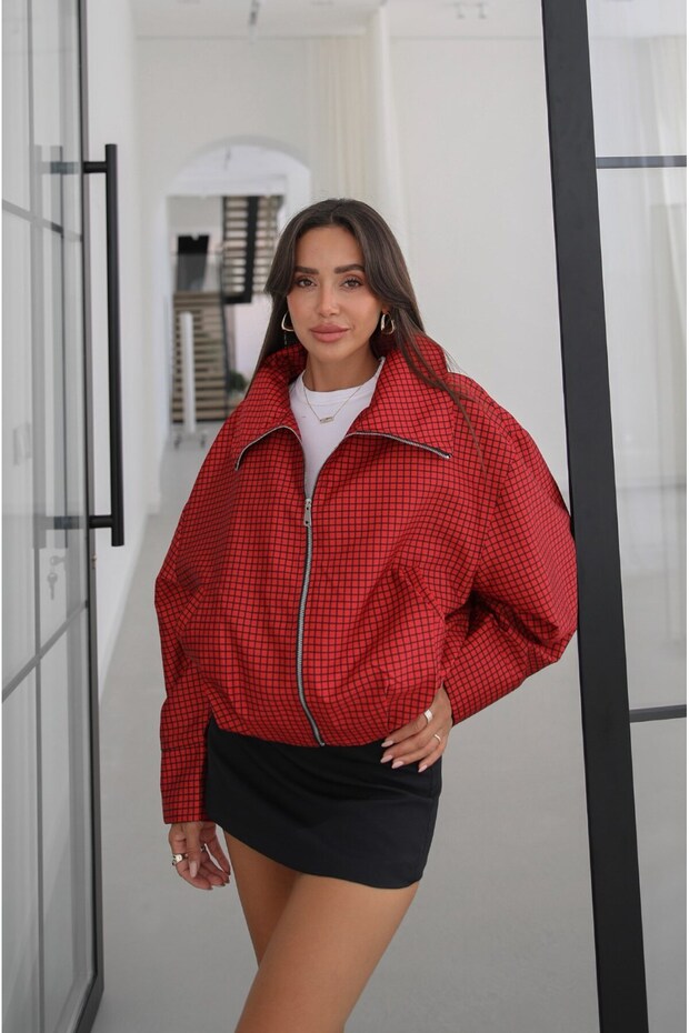 Red Square Patterned Zipper Jacket