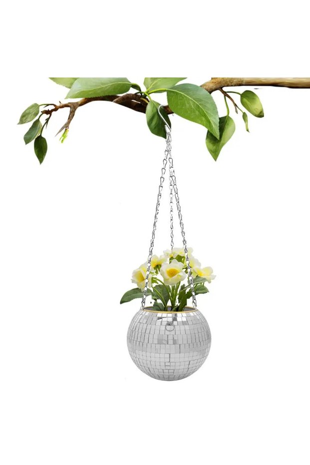 silver 10cm B3848A Disco Ball Hanging Flower Planter - Bohemian Rope Mirror Basket for Indoor Plants