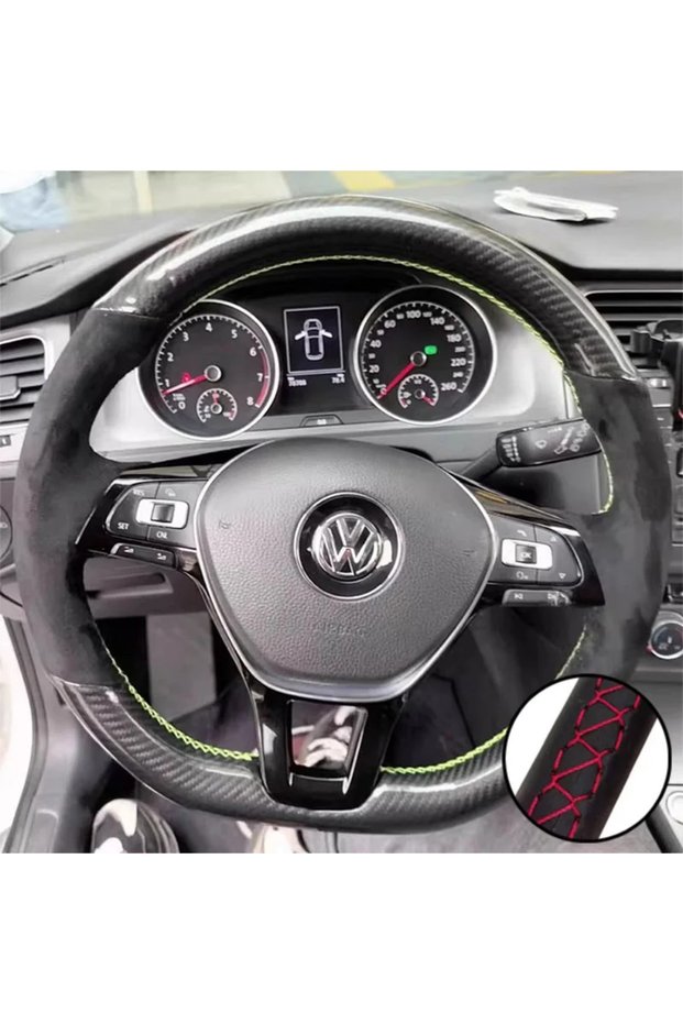 Red Thread DIY Car Steering Wheel Cover Suede Carbon Fiber Leather For Volkswagen VW Golf 7 Mk7 New