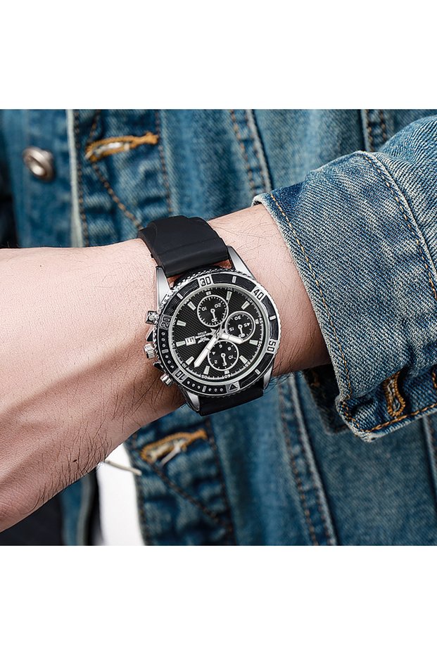 Silver Black Casual Silicone Band Men Sports Watches Fashion Calendar Male's Business Wristwatch Rel