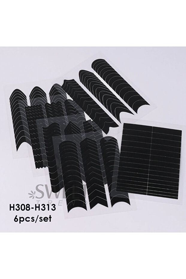 H308-H313 6pcs set French Strip Line Nail Art Form Fringe Tip Guides Wavy Oblique Spray Template Sti