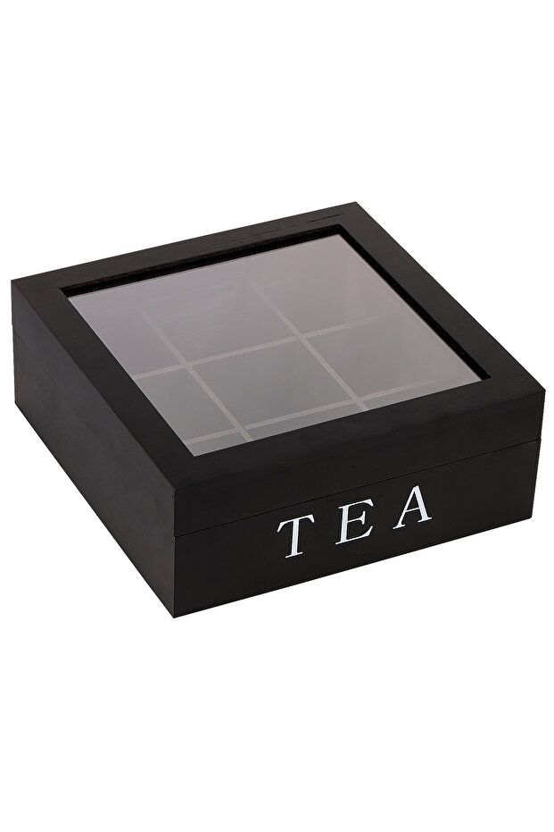 Black Wood Tea Bag Storage Box with Clear Lid 9 Compartments Square Container Desktop Jewelry Organi