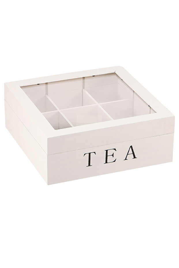 White Wood Tea Bag Storage Box with Clear Lid 9 Compartments Square Container Desktop Jewelry Organi
