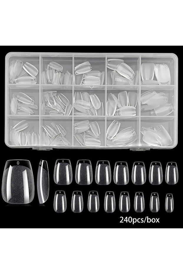 240pcs 240/330pcs 15 Sizes Short Coffin Nail Tips Soft Gel Clear Gely Nail Tips Half Matte Full Cove