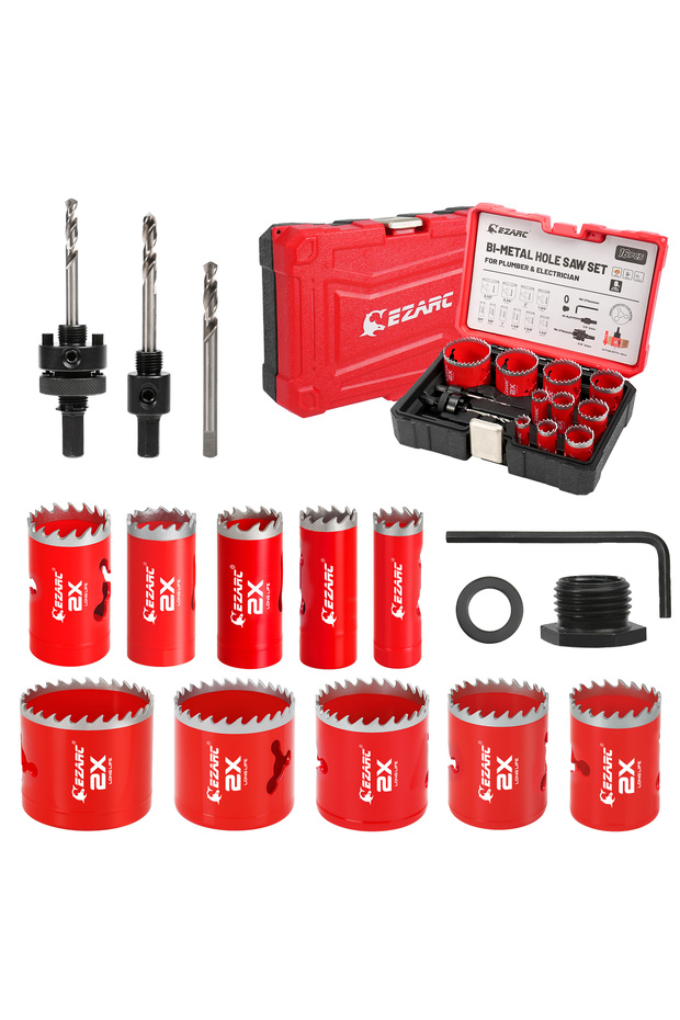 Red EZARC 16PC Hole Saw Set 19-64mm Bi-Metal Hole Saw Mandrel Drill Bits Installation Plate Hex Key