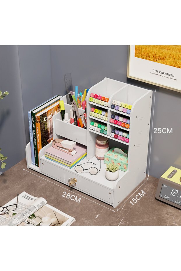 White Upgraded Mark Pen Pencil Holder Wooden Desk Organizers Shelves Accessories Desktop Stationery