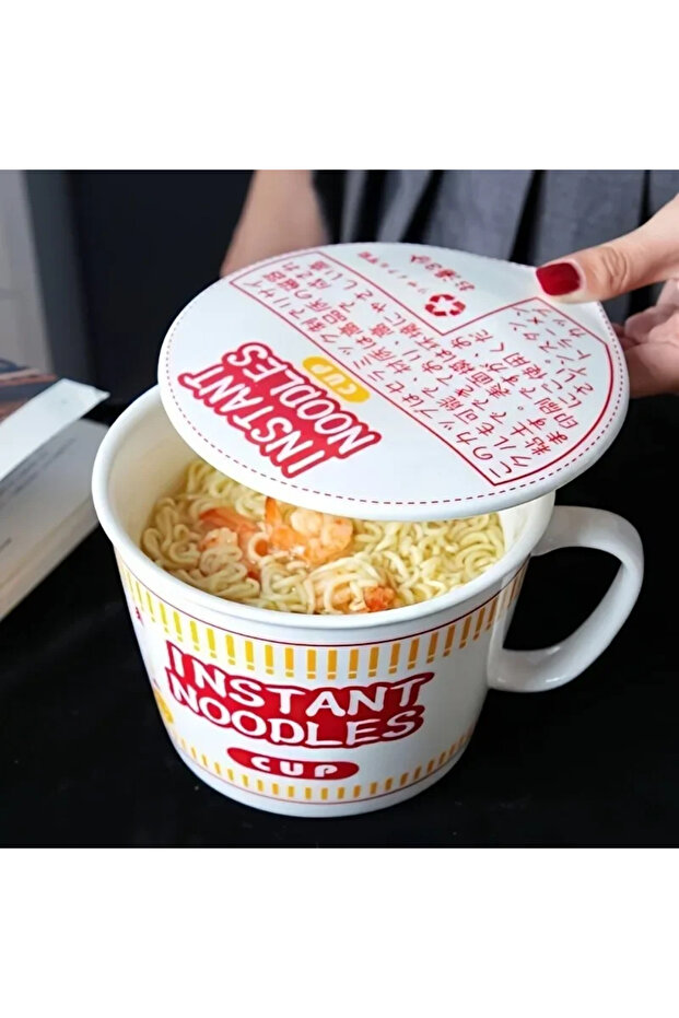 1000ml Red 1pc Large Capacity Ceramic Instant Noodle Bowl with Cover,Perfect for Dorms and Home Kitc