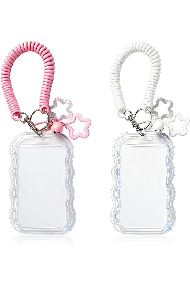 Pink and White 2 Pack Cute Photocard Holder Keychain Kpop Photo Card Holder, Transparent PC Holder w