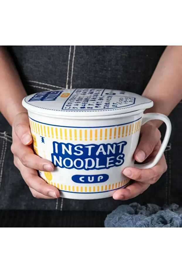 1000ml Blue 1pc Large Capacity Ceramic Instant Noodle Bowl with Cover,Perfect for Dorms and Home Kit