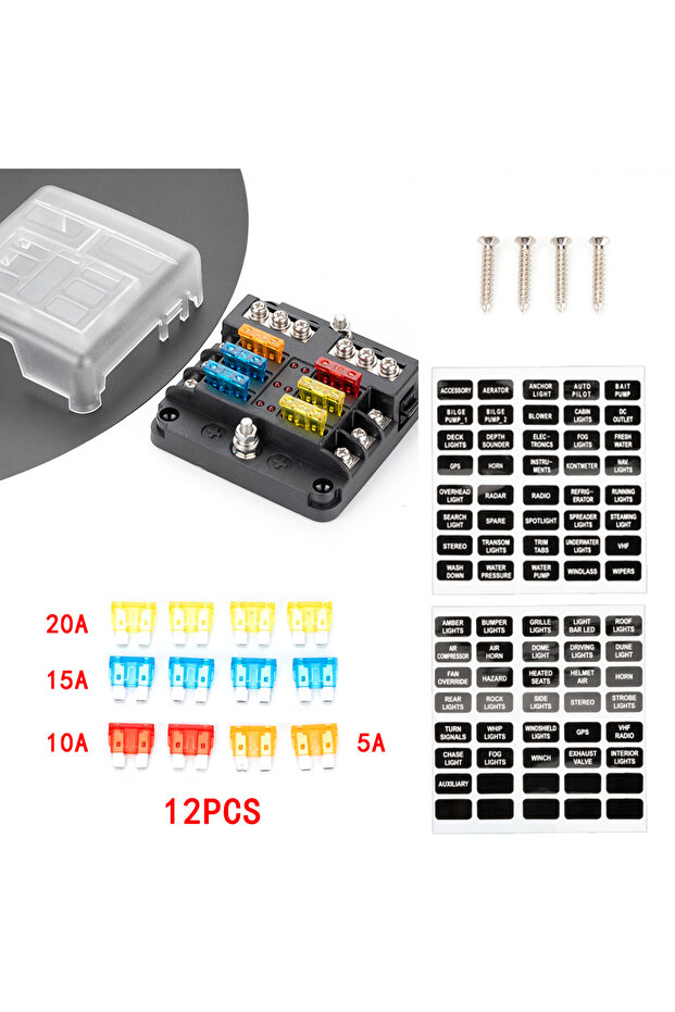 6 Way 12V 6-Way Blade Fuse Block with LED Indicator Waterproof Protection Cover and Label Sticker f