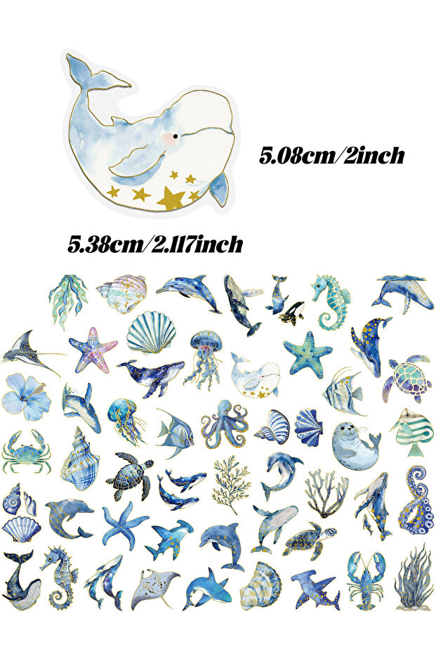 50pcs 50pcs Marine Creature Stickers with Gold Foil Accents Notebook Scrapbook Journal Decorations W