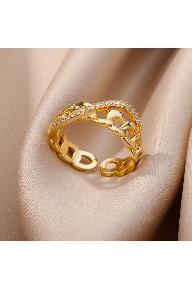 resizable JZ4447G Fashion Chain Hollow Out Rings For Women Gold Color Stainless Steel Zircon Cross O