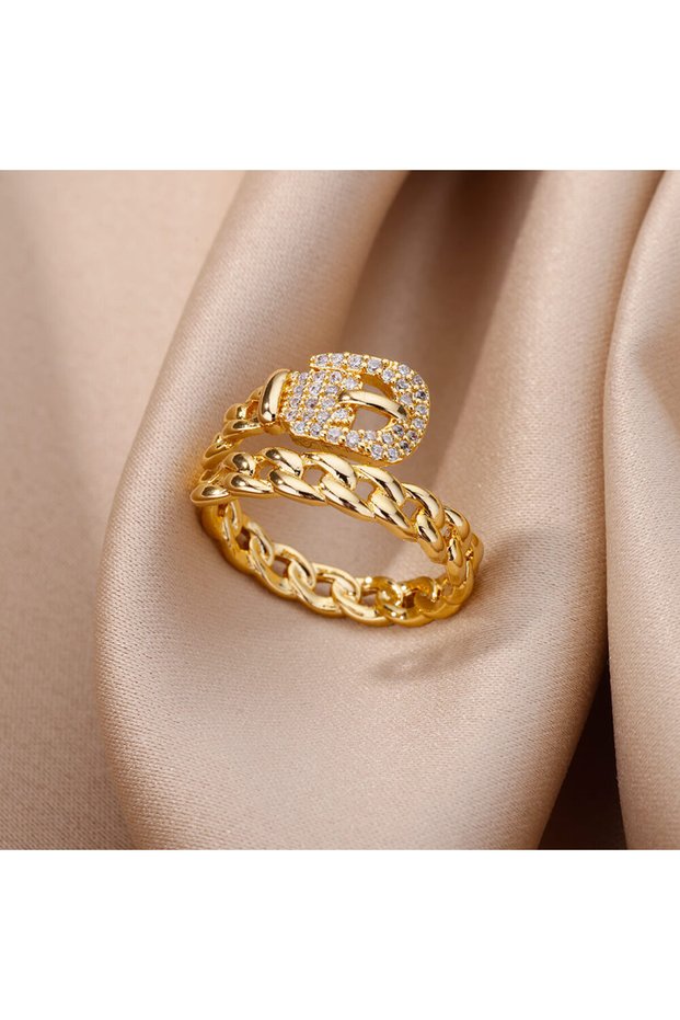 resizable JZ4475G Fashion Chain Hollow Out Rings For Women Gold Color Stainless Steel Zircon Cross O