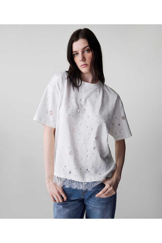 T-Shirt with Antique Effect Fabric Mix