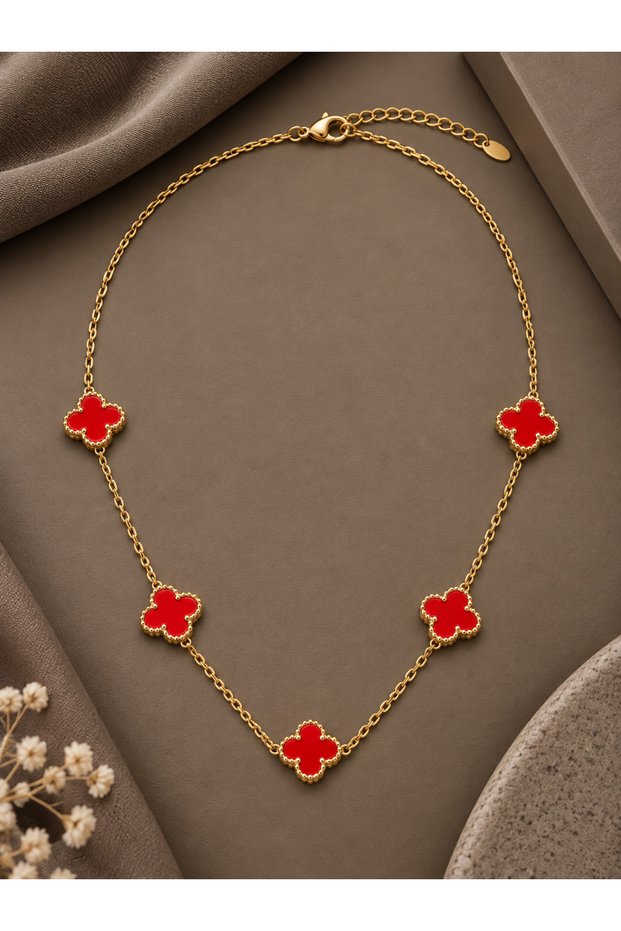 316L Steel Chain Gold Red Color Clover Women's Necklace