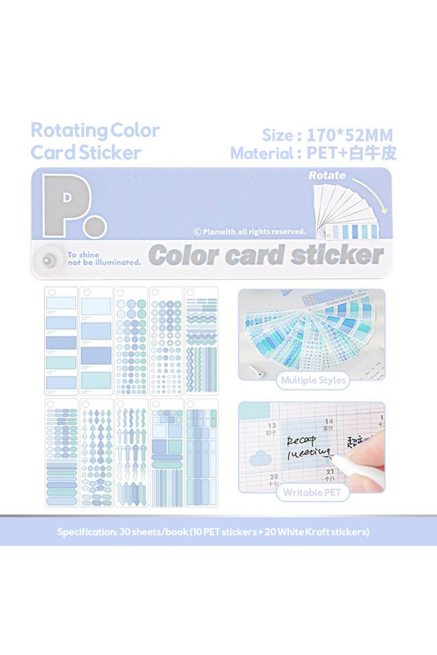Blue Planwith Durable Rotatable Color Card Tabs Reusable Writable PET Stickers Creative Index Planne