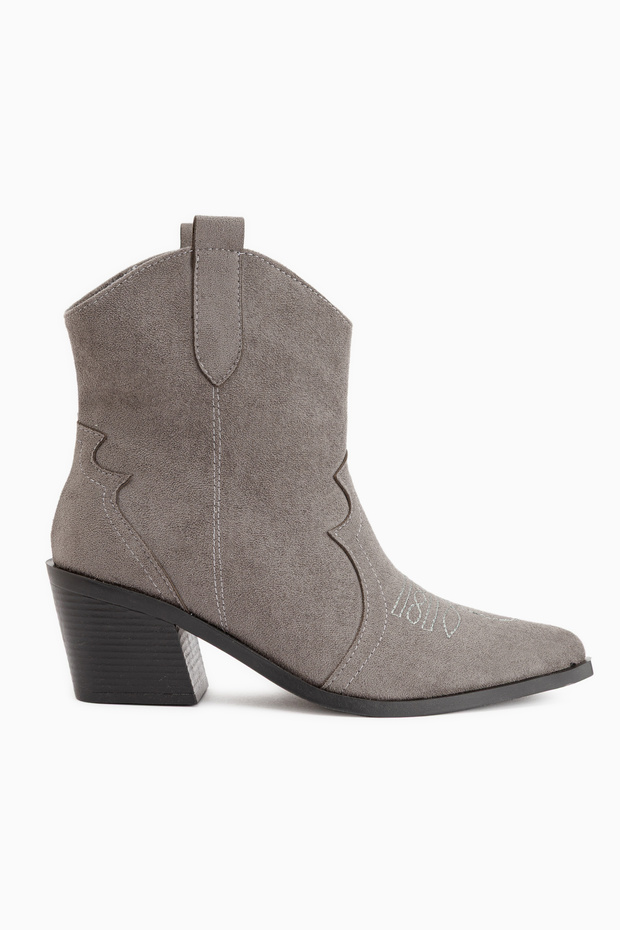 Joo Gray Suede Pointed Toe Embroidered Western Women's Boots, Women's Bootie