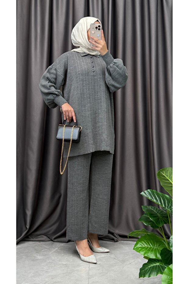Polo Collar Knitwear Pants Suit