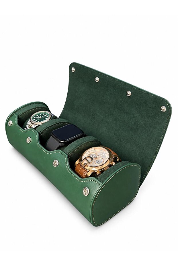3-Piece Snap Watch and Jewelry Box – Pull up Faux Leather, Handmade Special Padded Design Green