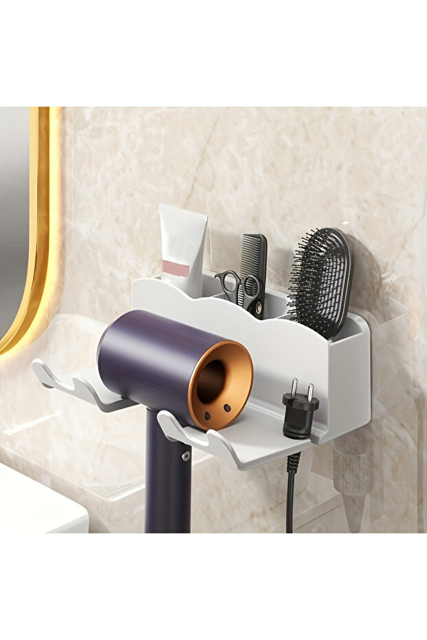 WHITE Hair Dryer Storage Rack Wall Mounted 2 in 1 Partition Hands Free Easy Install No Drill Shower