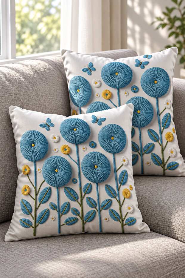 Punch Embroidery Pattern Digital Printed Blue White Summer Themed Floral 2-Piece Throw Pillow Cover