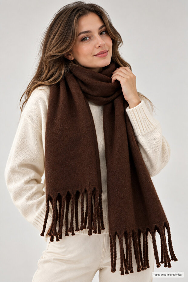 Brown Women's Winter Tassel Scarf | Soft Textured Thick Shawl - Soft Boucle Scarf - Pasta Model