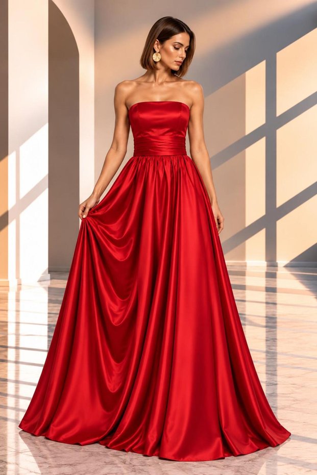 Maxi Length Satin Stylish Strapless Party Dress Cou-9