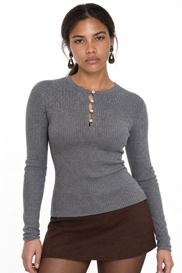 Mixray Button Detailed Round Neck Sweater
