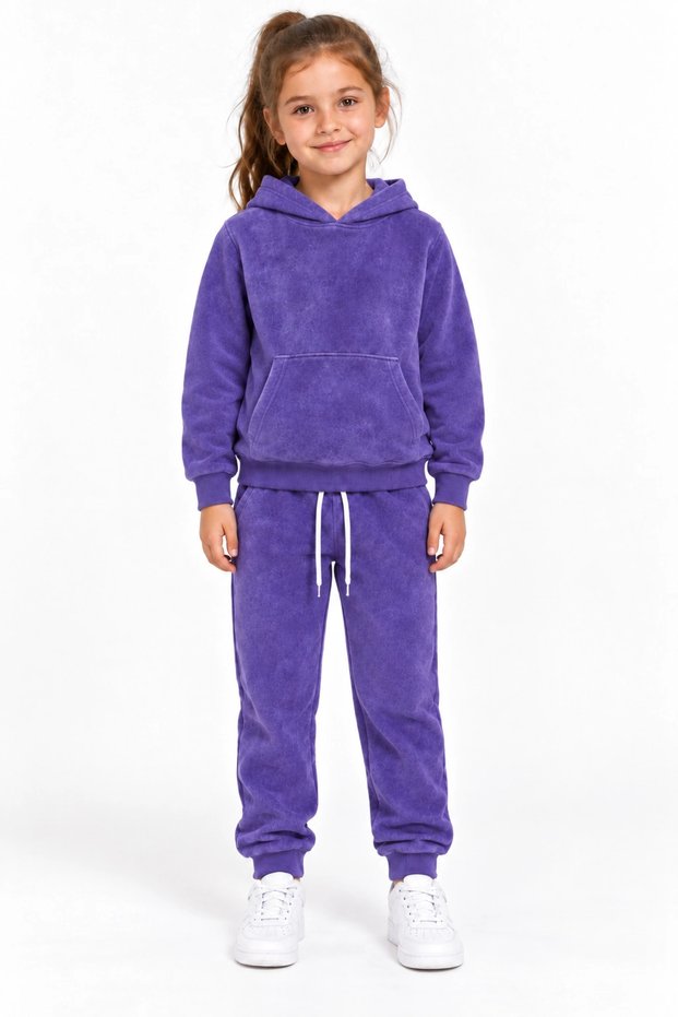 Girl's Purple Hooded Tracksuit Set with Kangaroo Pocket Sweatshirt and Jogger Bottoms 2-Piece Set