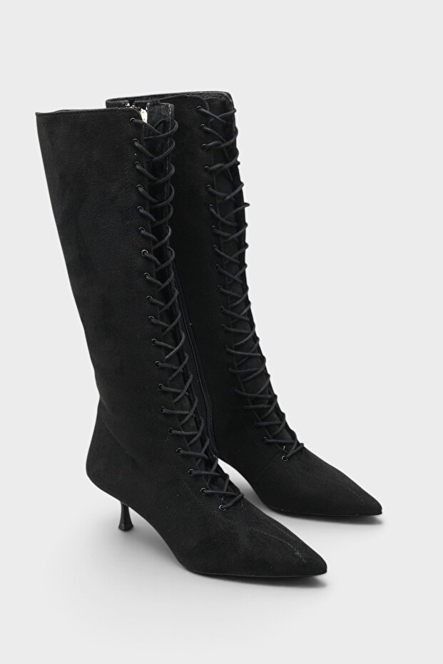 Suzanne Suede Look Pointed Toe Lace-Up Side Zipper Stylish Women's Boots with Medium Heel