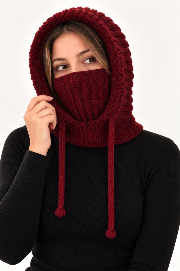 Women's Balaclava Burgundy Hooded Neck Collar Lace-Up Headgear Balaclava Scarf Knitted Knitwear