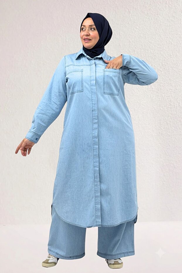 67060 Plus Size Men's Lapel Button Denim Liyosell Trouser Suit - Ice Blue