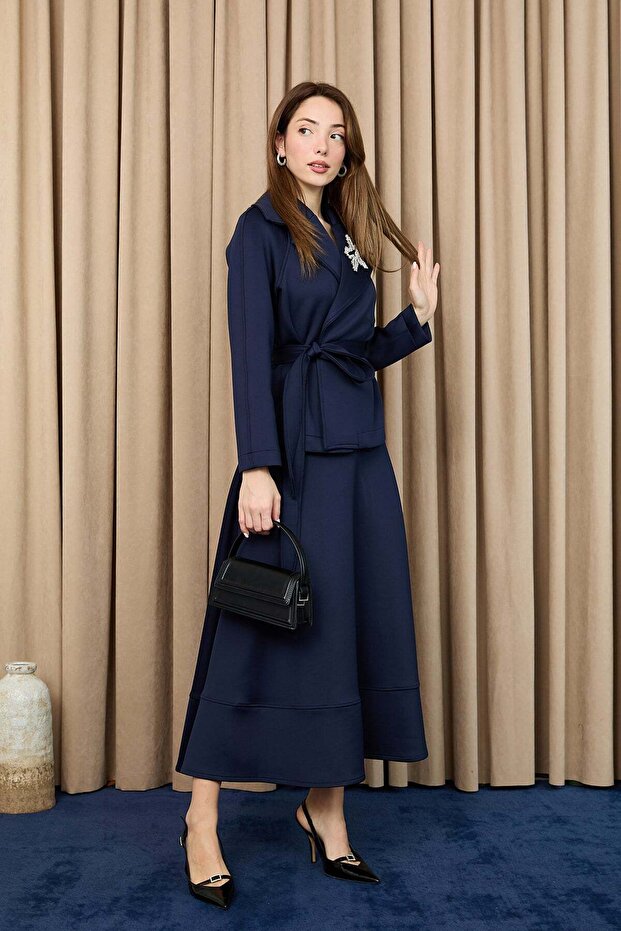 Women's Belted Jacket Set with Collar Accessories - 14389Tkm Navy Blue