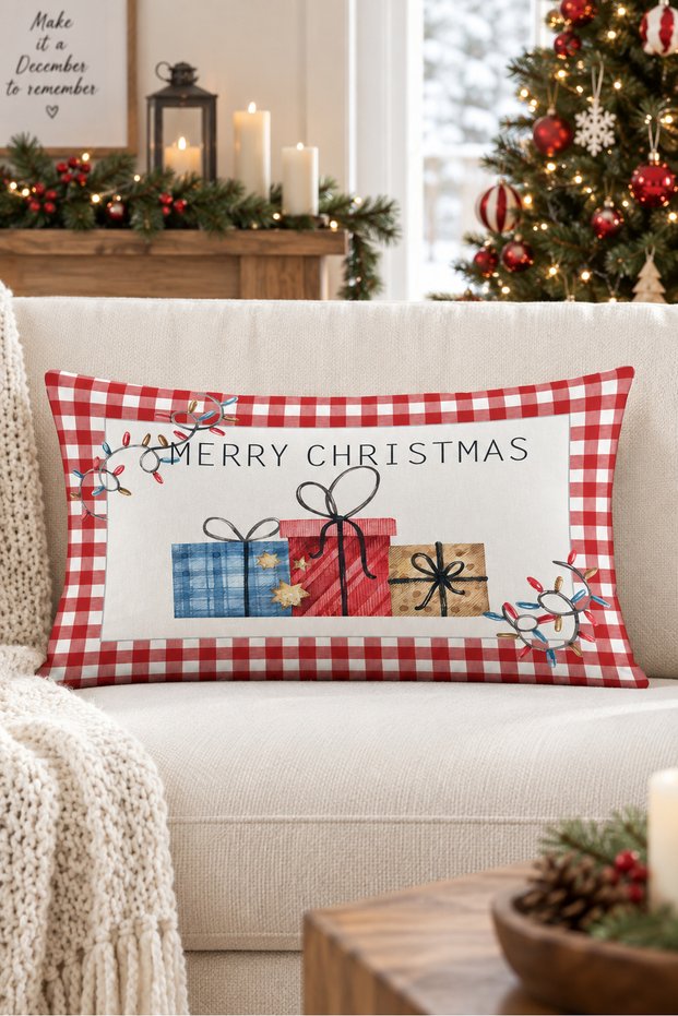 New Year's Themed Gift Patterned Velvet Throw Pillow Case 35X55 cm - Decorative Pillow Case