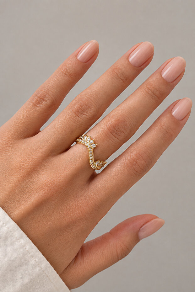 New Season Queen Crown Design Model Zircon Stone Adjustable Women's Steel Ring Gold Non-Tarnish