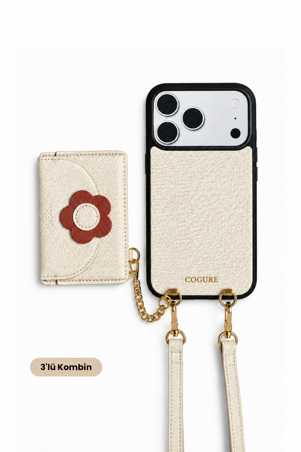 Hera iPhone 16 Pro Max Compatible Floral Figured Magsafe Wallet, Crossbody Strap, Case Set of 3 in Beige