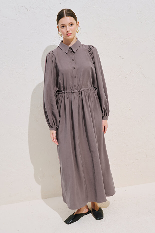 Draped Waist Adjustable Balloon Sleeve Dress Gülkurusu